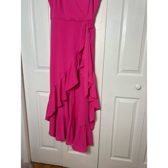 Do + Be Curve Hot Neon Pink High Low Ruffle Hem Faux Wrap Long Dress Size 1X - Picture 9 of 9